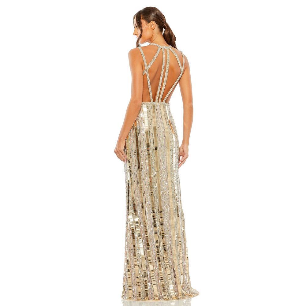 Mac Duggal Bead-Embellished Detail Halter Neck Gown Gold/ Silver Size 14 NWT - Picture 7 of 12